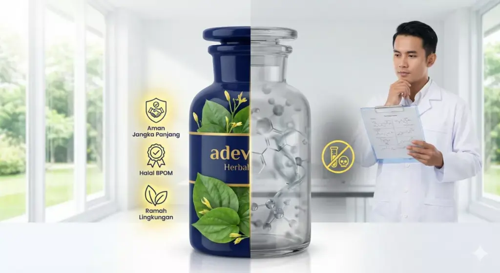 Infografis definisi maklon kosmetik herbal Adev: bahan alami binahong sirih vs sintetis, aman BPOM halal.