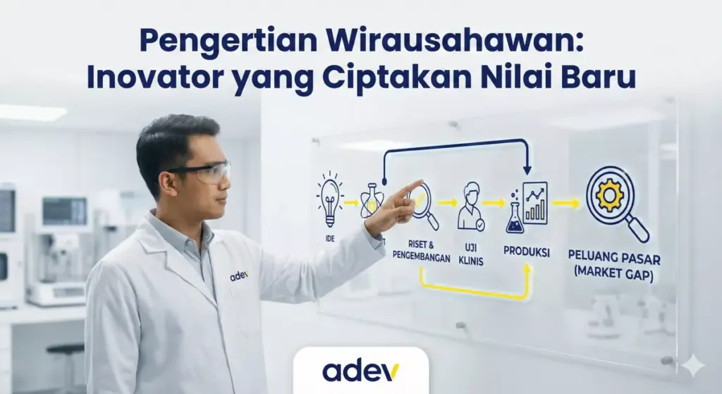 Ilmuwan kosmetik tunjuk flowchart inovasi wirausahawan, beda dari pengusaha biasa di lab Adev