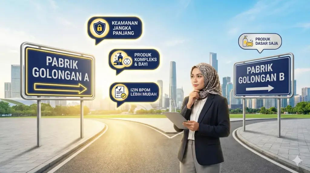 Brand owner memilih antara pabrik maklon kosmetik golongan A dan B dengan fokus keamanan jangka panjang.