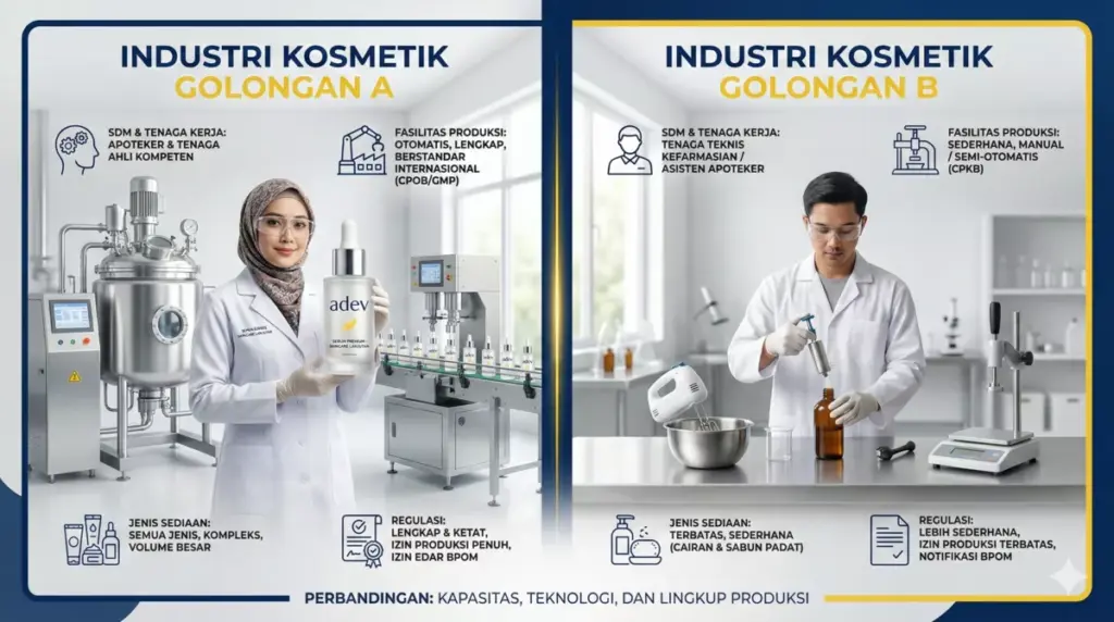 Infografis perbedaan industri kosmetik golongan A dan B untuk brand owner dengan pabrik modern dan sederhana.