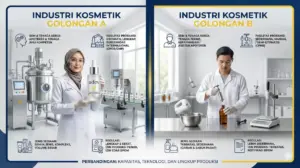 Infografis perbedaan industri kosmetik golongan A dan B untuk brand owner dengan pabrik modern dan sederhana.