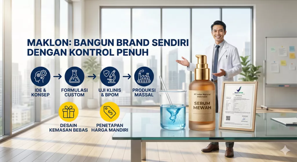 Infografis apa itu maklon kosmetik di PT Adev: proses lengkap dan kebebasan formulasi.