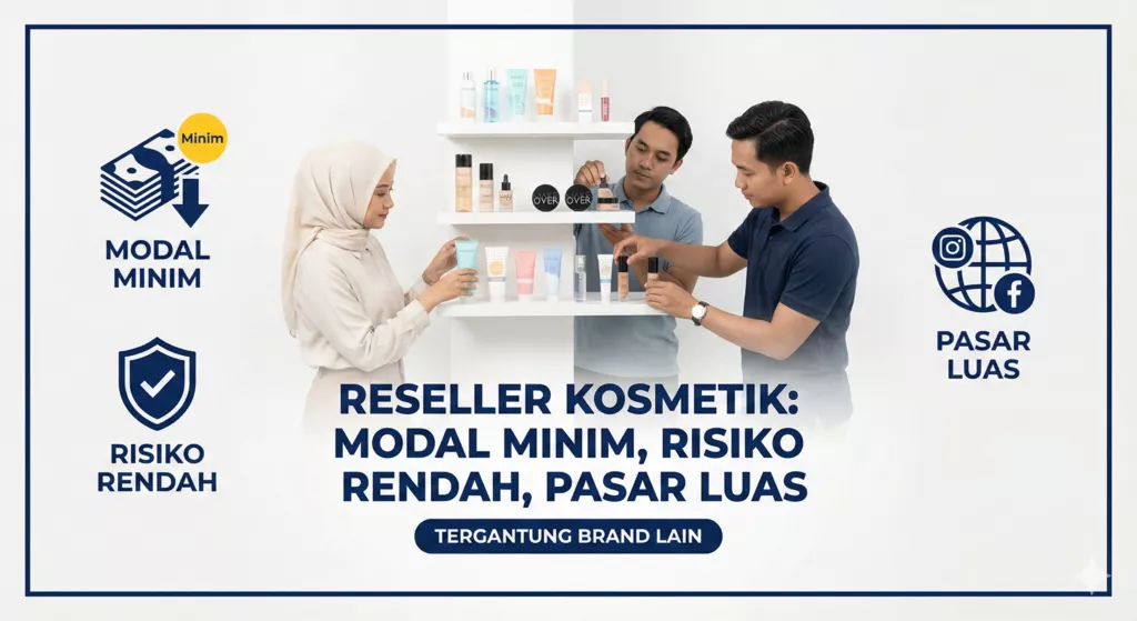 Infografis apa itu reseller kosmetik: keuntungan modal minim dan keterbatasan kontrol brand.