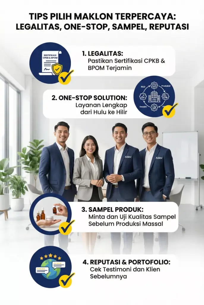 Infografis tips memilih perusahaan maklon kosmetik terpercaya seperti PT Adev.