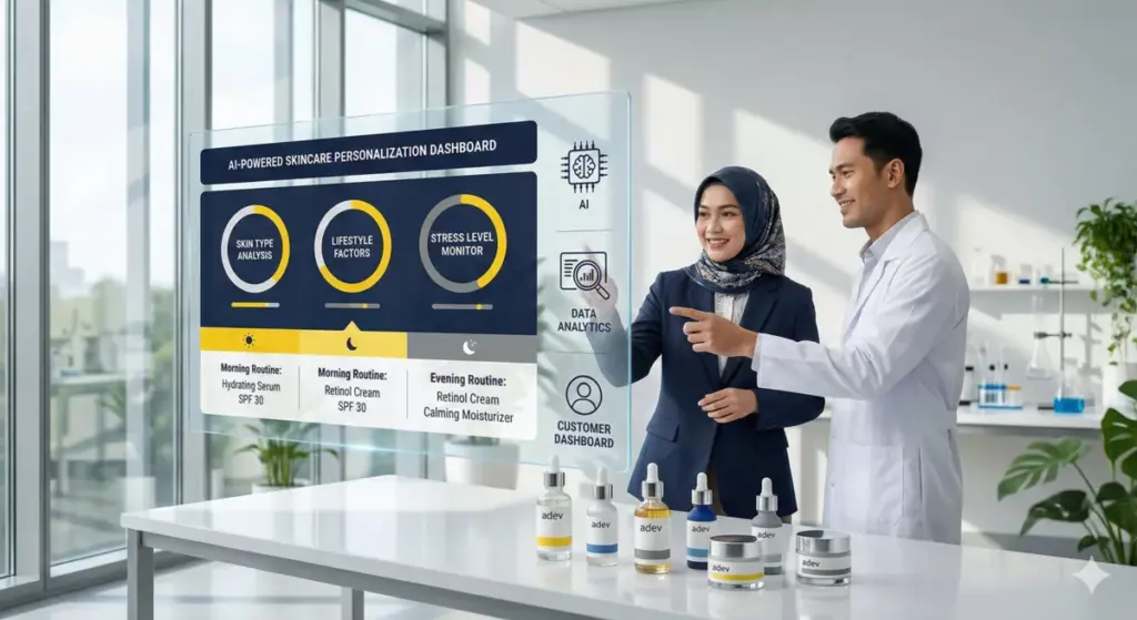 Infografis personalisasi skincare pintar berbasis AI dengan dashboard data dan produk maklon Adev.