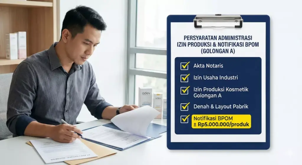 Checklist persyaratan izin produksi kosmetik golongan A dan biaya notifikasi BPOM sekitar lima juta per produk.