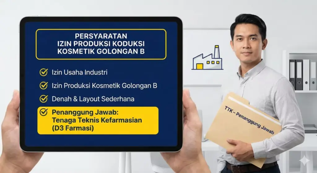Infografis persyaratan izin produksi kosmetik golongan B dengan TTK sebagai penanggung jawab.