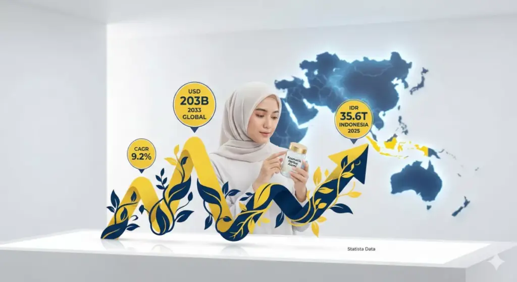 Grafik pertumbuhan pasar kosmetik herbal global USD 203 miliar dan Indonesia IDR 35,6 triliun 2025 CAGR 9,2%.
