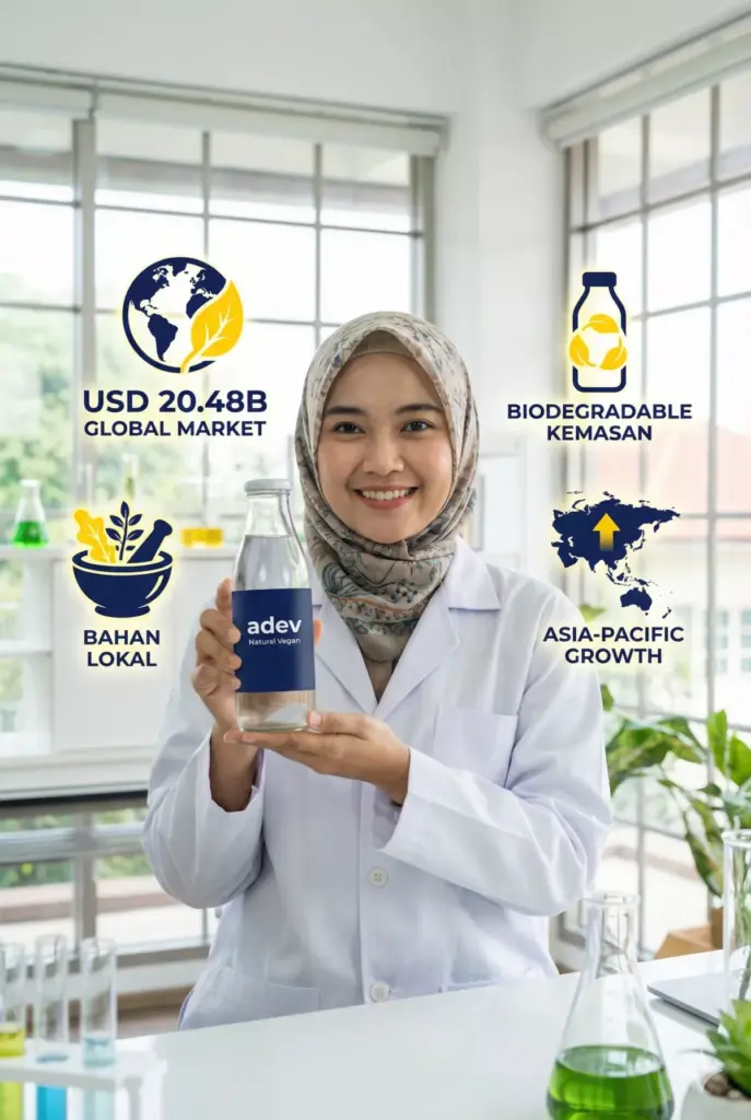 Infografis tren body care natural vegan memiliki valuasi pasar USD 20 miliar dengan bahan lokal adev.