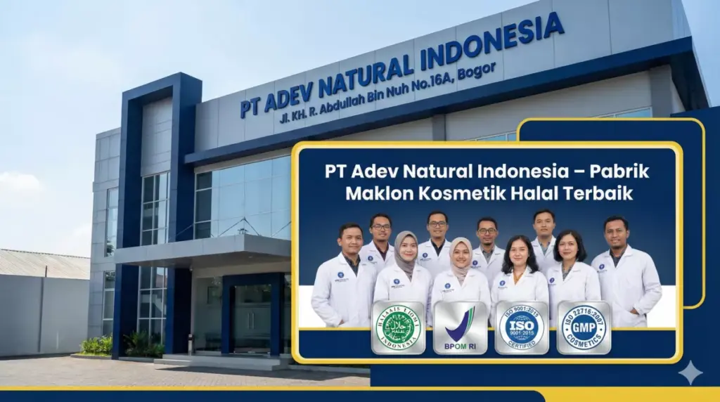 Infografis profil PT Adev Natural Indonesia sebagai pabrik maklon kosmetik halal bersertifikat.