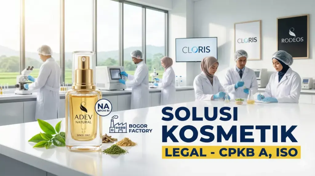 Infografis layanan maklon kosmetik legal dari PT Adev Natural Indonesia bersertifikasi CPKB BPOM. 
