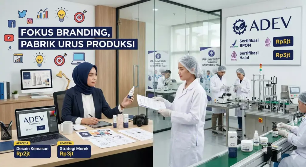 Fokus branding maklon Adev urus produksi BPOM halal usaha sampingan