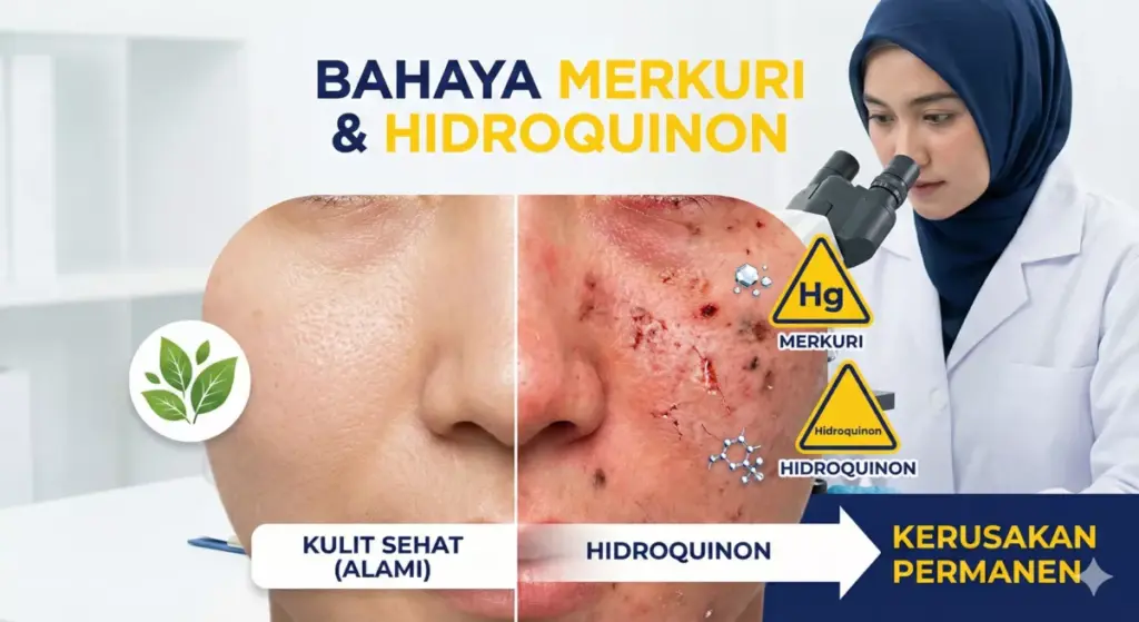 Bahaya atau efek merkuri dan hidroquinon di dalam kosmetik ilegal pada kulit organ dalam.