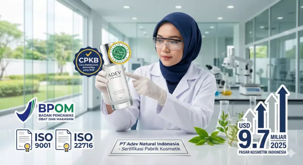 Ilustrasi infografis sertifikasi pabrik kosmetik CPKB dan halal oleh PT Adev Natural Indonesia di lab modern