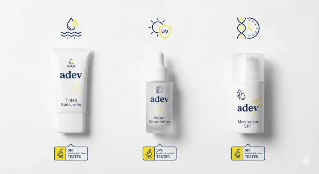 Infografis skinimalism dengan produk skincare multifungsi seperti tinted sunscreen dan serum foundation.