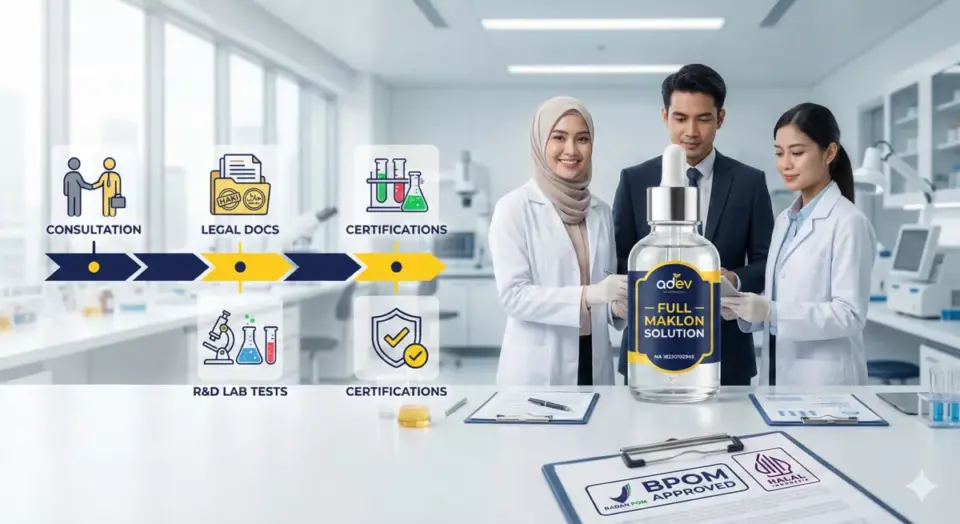 Infografis solusi maklon Adev: pendampingan lengkap pengurusan izin BPOM kosmetik dari nol.