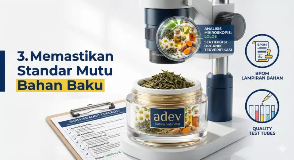 Infografis kontrol kualitas bahan baku natural maklon PT Adev sesuai BPOM