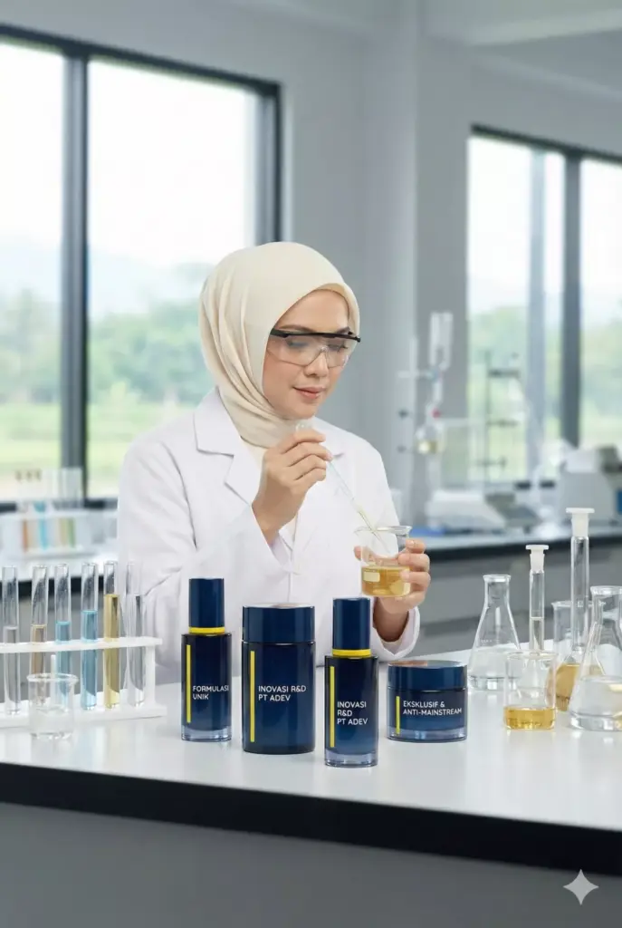 Strategi diferensiasi produk kosmetik lewat formulasi unik dan inovasi R&D PT Adev Natural Indonesia.