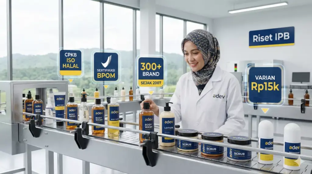 Infografis strategi maklon body care di PT Adev Bogor, perusahaan dengan sertifikasi CPKB BPOM, ISO, Halal.
