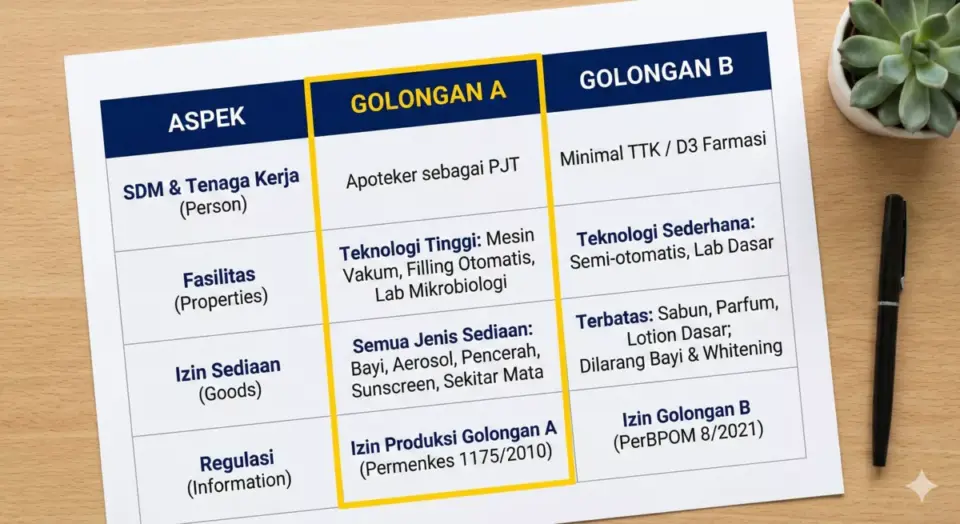 Infografis tabel perbandingan industri kosmetik golongan A dan B dari aspek SDM fasilitas sediaan dan regulasi.