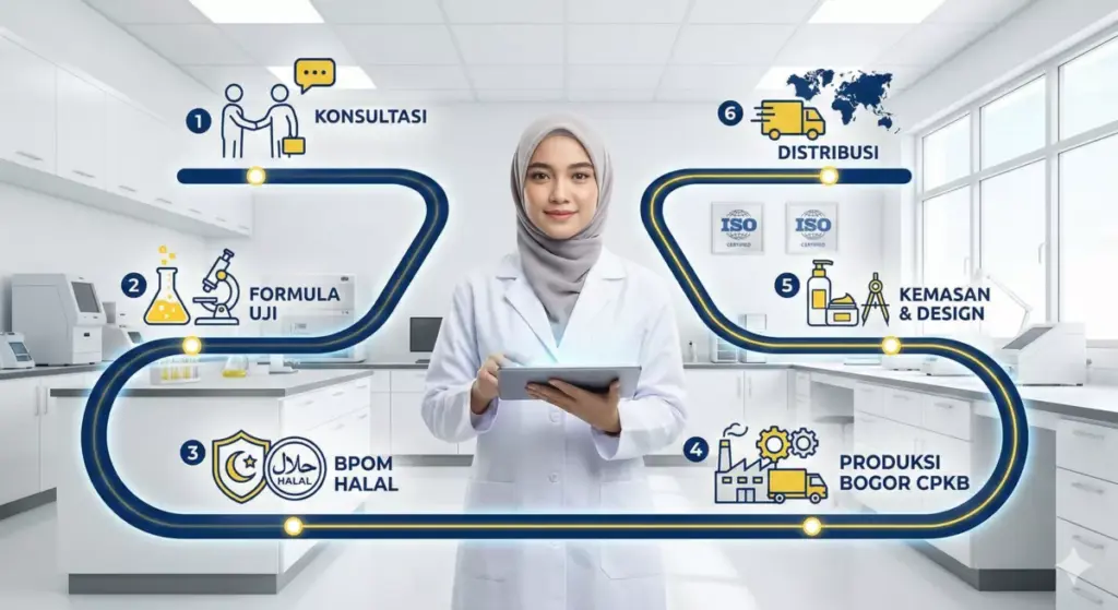 Flowchart tahapan maklon kosmetik herbal Adev: konsultasi hingga produksi Bogor ISO CPKB halal.