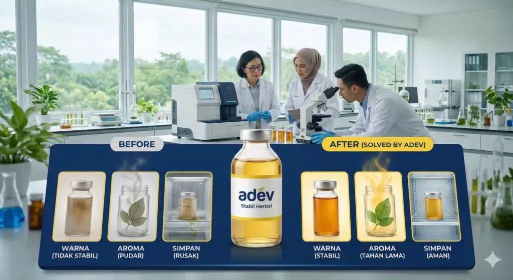 Solusi Adev atasi stabilitas warna aroma herbal dengan tim R&D IPB Prof. Erliza Hambali Bogor CPKB.