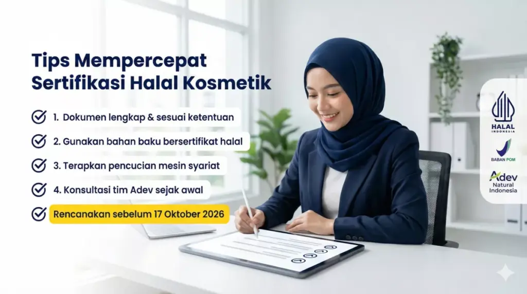 Infografis tips mempercepat sertifikasi halal kosmetik dengan checklist praktis.
