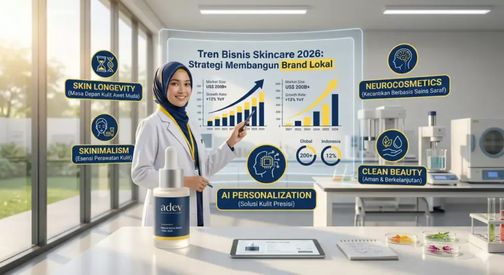 Infografis tren bisnis skincare 2026 dan strategi membangun brand lokal dengan ilmuwan kosmetik Indonesia.