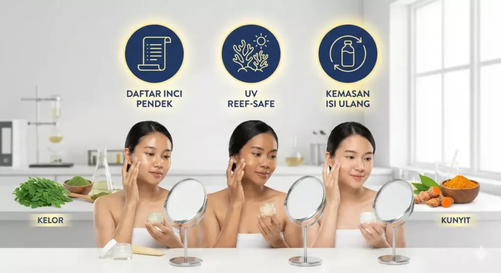 Infografis tren kosmetik herbal Indonesia: clean beauty, bahan alami sirih kunyit, pasar USD 29 miliar 2034.