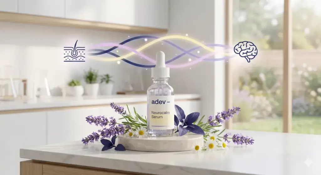 Infografis neurocosmetics dengan serum menenangkan berbahan lavender, chamomile, dan indigo untuk kulit stres.