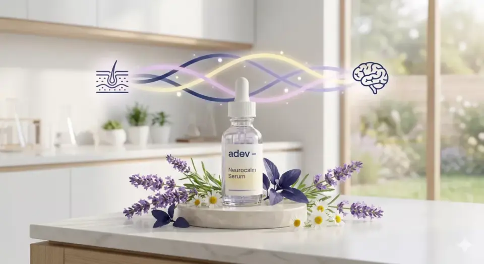 Infografis neurocosmetics dengan serum menenangkan berbahan lavender, chamomile, dan indigo untuk kulit stres.
