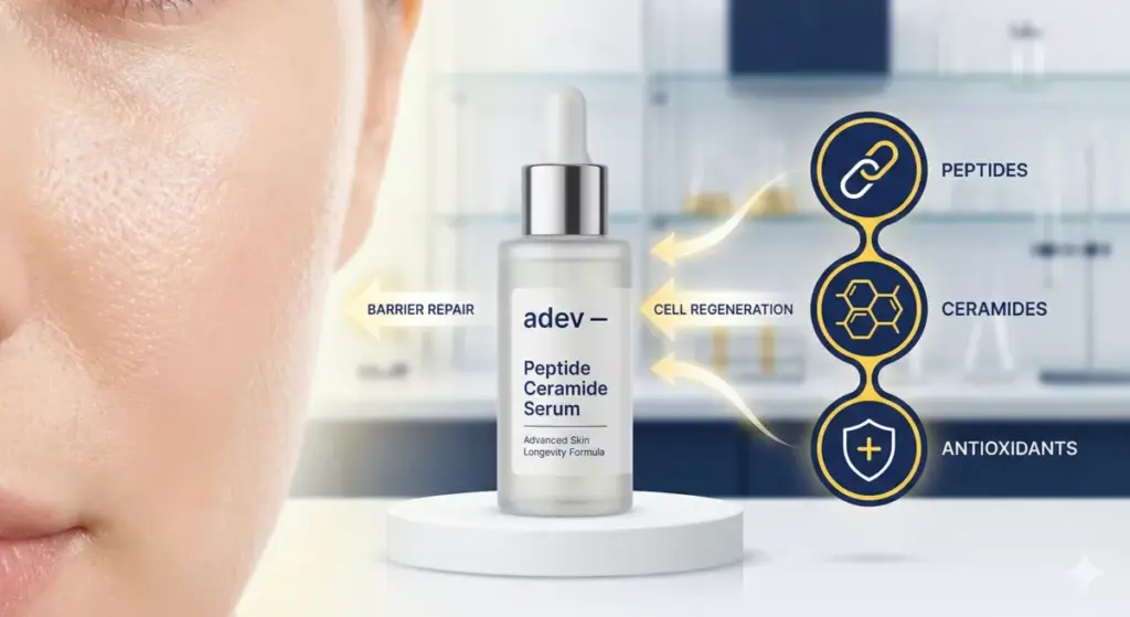 Infografis tren skin longevity dengan serum peptida dan ceramide untuk perawatan kulit jangka panjang.