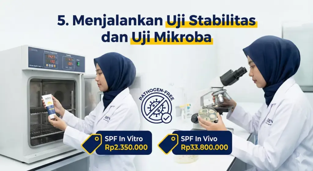 Infografis uji stabilitas mikroba maklon kosmetik PT Adev termasuk SPF