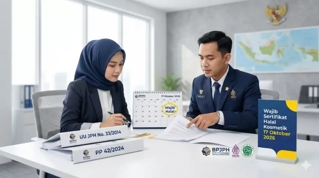 Infografis regulasi wajib sertifikat halal kosmetik 17 Oktober 2026 dari BPJPH.