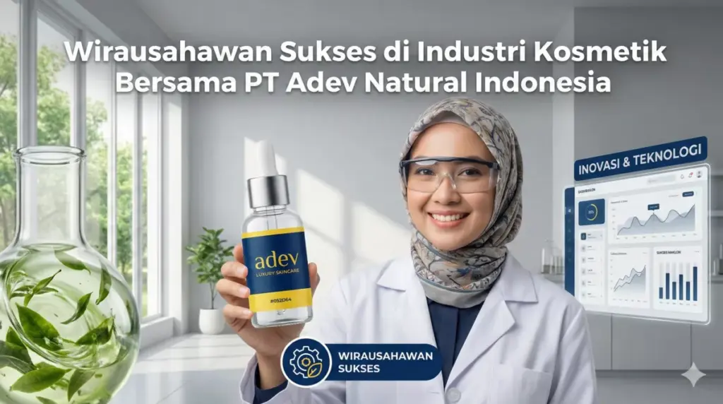 Wanita wirausahawan berhijab di lab kosmetik modern memegang botol produk Adev, simbol inovasi maklon skincare Indonesia