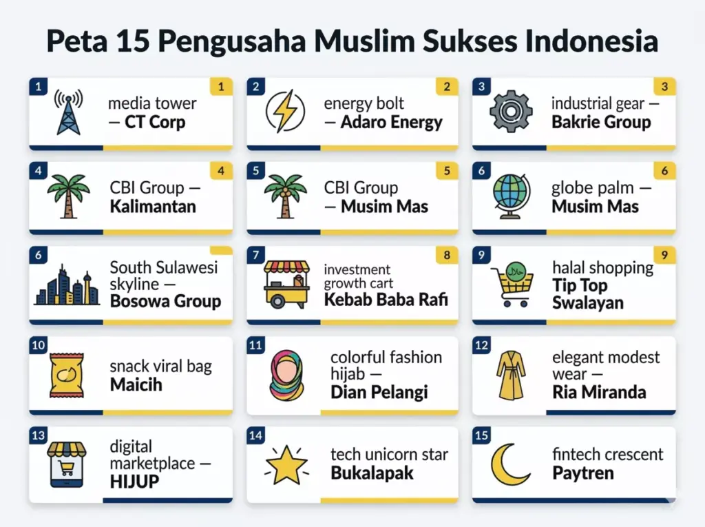 Infografis peta 15 pengusaha Muslim sukses Indonesia dari energi Adaro fashion HIJUP startup Bukalapak
