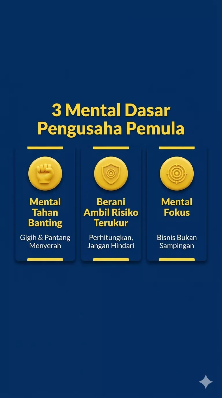 Infografis 3 mental dasar pengusaha pemula skincare: tahan banting, risiko terukur, dan fokus