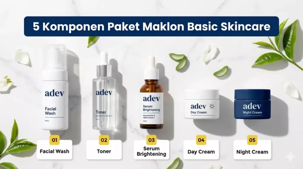 5 komponen paket maklon basic skincare Adev: facial wash, toner, serum, day cream, night cream