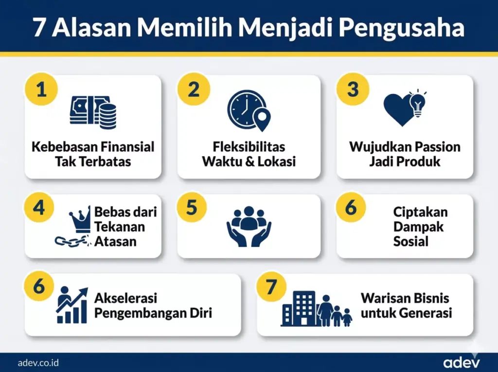 Infografis 7 alasan memilih menjadi pengusaha: kebebasan finansial, fleksibilitas waktu, passion, bebas atasan, dampak sosial, pengembangan diri, warisan bisnis