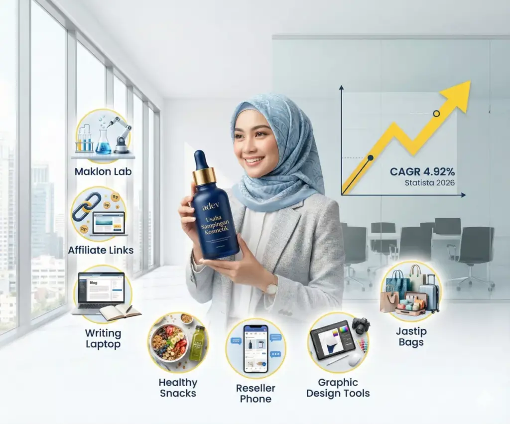 Infografis 7 ide usaha sampingan tanpa resign karyawan dengan maklon kosmetik Adev CAGR 4.92%