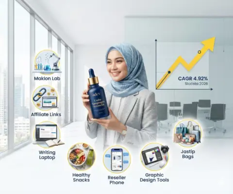 Infografis 7 ide usaha sampingan tanpa resign karyawan dengan maklon kosmetik Adev CAGR 4.92%