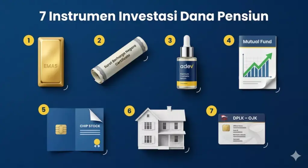Tujuh instrumen investasi dana pensiun: emas, SBN, maklon kosmetik adev, reksadana, saham, properti, dan DPLK