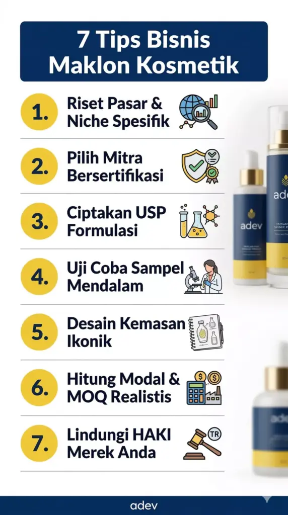Infografis ringkasan 7 tips sukses bisnis maklon kosmetik dari riset pasar hingga perlindungan merek HAKI