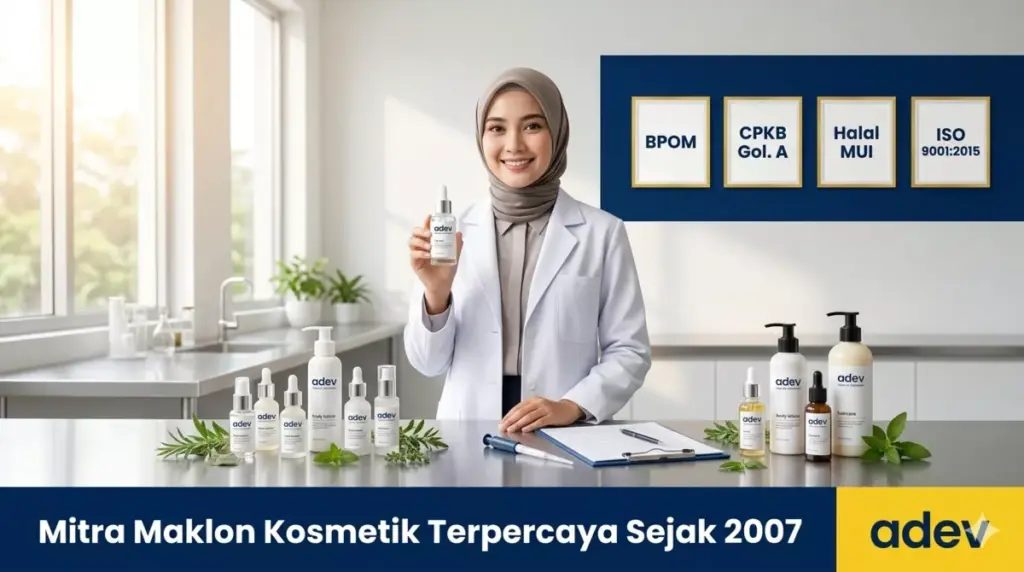 Ilmuwan wanita berhijab di laboratorium Adev Natural Indonesia dengan produk kosmetik bersertifikat BPOM, Halal MUI, dan ISO 9001:2015