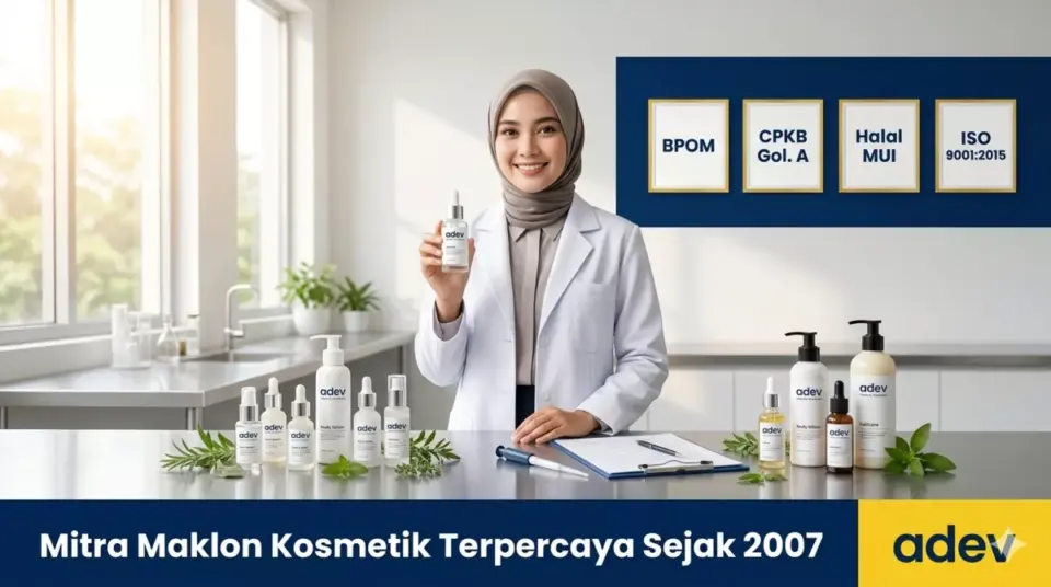 Ilmuwan wanita berhijab di laboratorium Adev Natural Indonesia dengan produk kosmetik bersertifikat BPOM, Halal MUI, dan ISO 9001:2015
