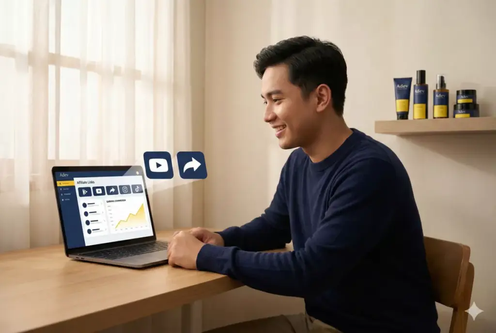 Pria jalankan affiliate marketing video pendek di laptop dengan grafik komisi naik