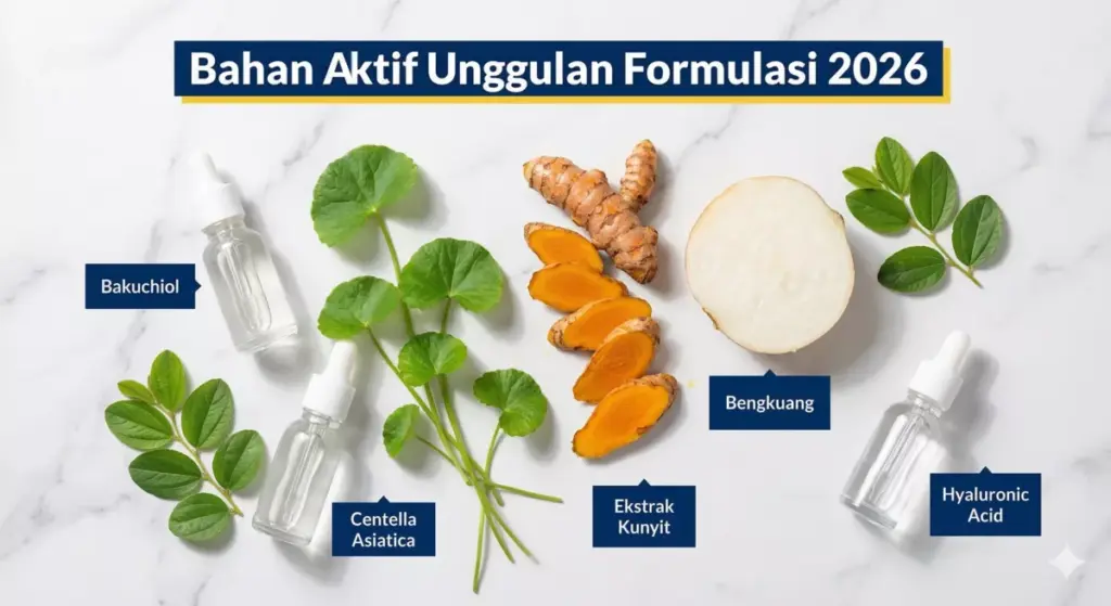 Flat-lay bahan aktif skincare tren 2026 seperti bakuchiol, centella asiatica, kunyit, dan bengkuang untuk formulasi maklon