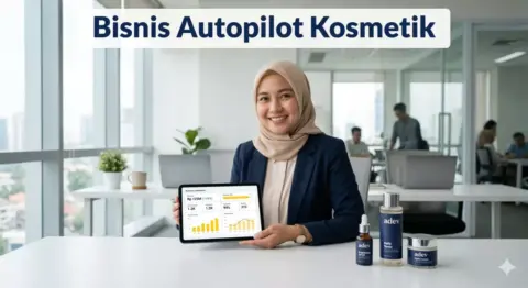 Pengusaha perempuan berhijab membangun bisnis autopilot kosmetik dengan sistem digital otomatis