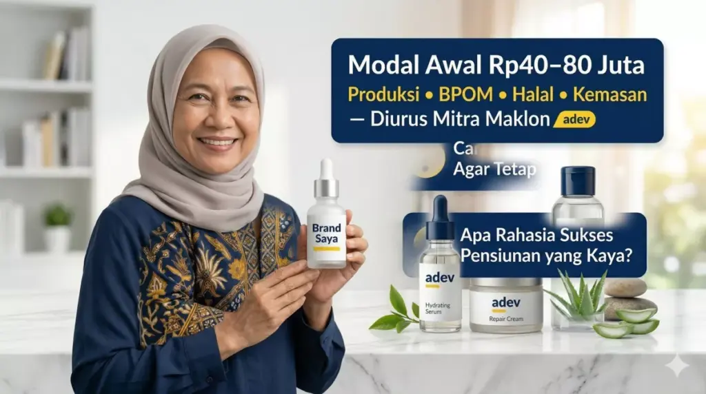 Pensiunan perempuan berhijab memegang produk skincare brand sendiri hasil maklon kosmetik profesional