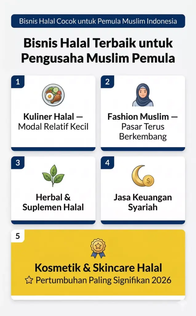 Infografis 5 pilihan bisnis halal terbaik pengusaha Muslim pemula Indonesia kosmetik skincare halal tumbuh pesat